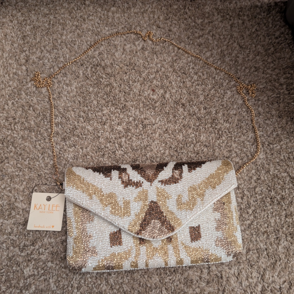 Elegant Beaded Clutch in Gold and Brown